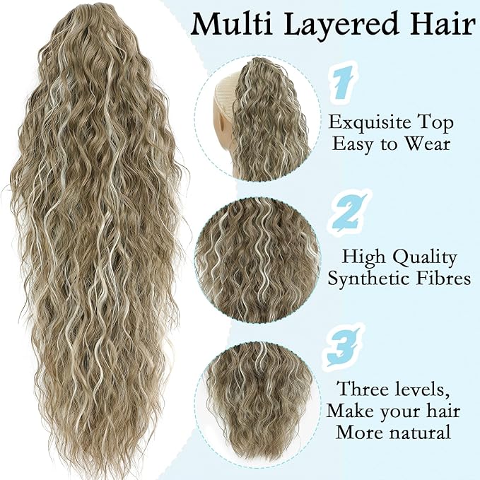 Ponytail Extension, Claw Clip on Pony tails Hair Extension for Women 18 Inch Long Wavy Curly Fake Ponytail Clip in Hair Pieces for Women Fluffy Natural Looking (Flax Brown with white Highlights)