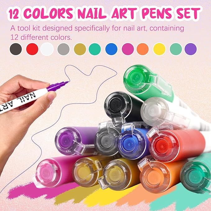MKNZOME 12 Color Nail Art Pens for Painting Nails, 0.7 MM Nail Polish Pens Drawing Point Liner Acrylic Painted Pen Kit, Waterproof Quick-drying for DIY Nails Art Design Manicure Tools