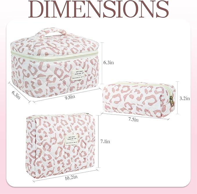 3Pcs Quilted Makeup Bag for Women, Large Travel Makeup Bag Set, Cute Aesthetic Cosmetic Bags, Floral Cotton Makeup Pouch Coquette Toiletry Organizer Bag