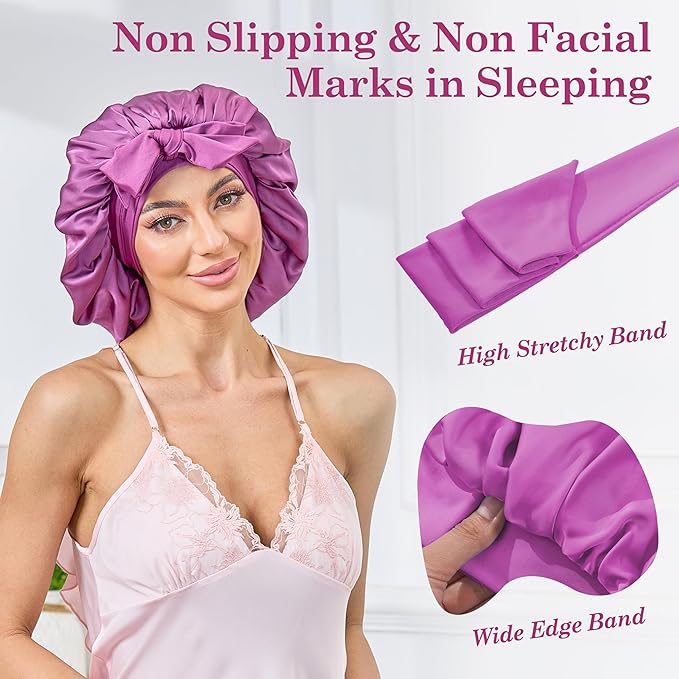 Silk Satin Bonnet for Sleeping Hair: Women Sleep Night Wrap Cap for Straight Wavy Curly Coily Kinky Natural Hair Head by Tie Band - Soft Fuchsia +Pink
