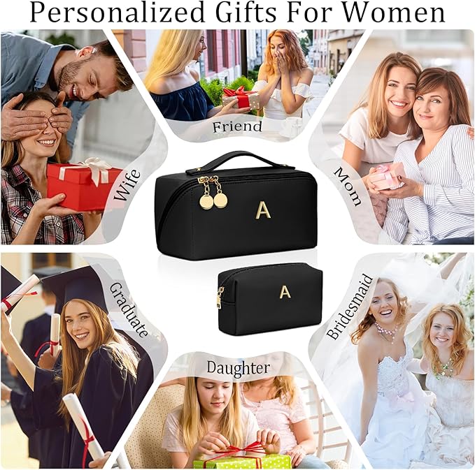 Birthday Gifts for Women Teen Girl, Personalized Initial Makeup Organizer Bag Set, Open Flat Travel Cosmetic Bag With Clear Divider and Handle(Black,A)
