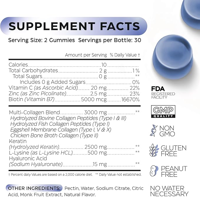 Collagen Peptide Gummies for Women and Men - Collagen Gummy Supplement for Healthy Hair, Skin, Nails and Bones - Hyaluronic Acid, Biotin, Keratin, Saw Palmetto - Sugar Free, No GMO and Gluten, 60 Pcs