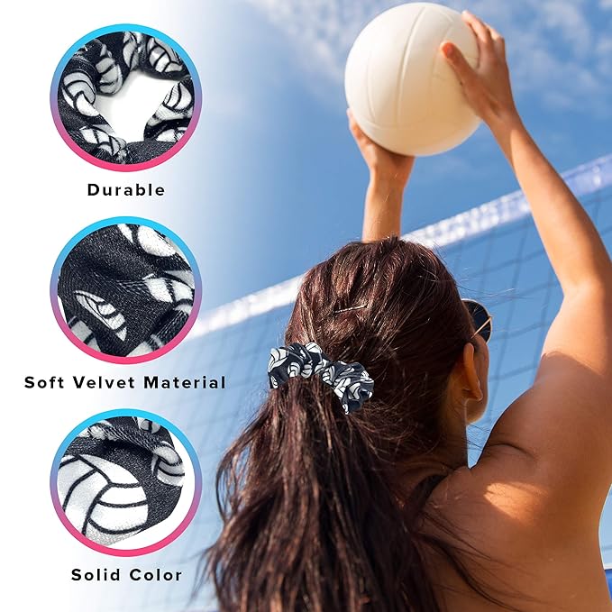 Volleyball Scrunchies, Velvet Hair Ties Accessories for girls, Sport scrunchies for teams, players, and gifts, Set of 4 Black