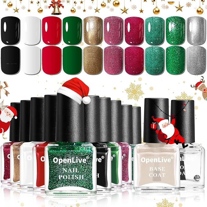 OpenLive Christmas Nail Polish Set 10 Colors and Base Coat and Top Coat Red Green Glitter Gold Silver Nail Polish Kit Quick Dry Manicure Nail Art Manicure DIY Home Salon Gift for Women Girls