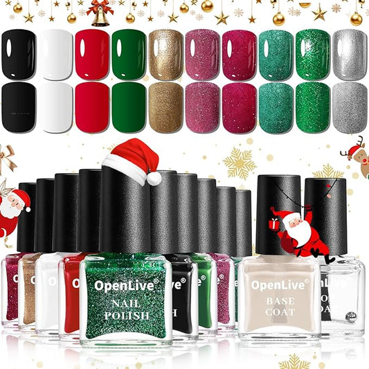 OpenLive Christmas Nail Polish Set 10 Colors and Base Coat and Top Coat Red Green Glitter Gold Silver Nail Polish Kit Quick Dry Manicure Nail Art Manicure DIY Home Salon Gift for Women Girls