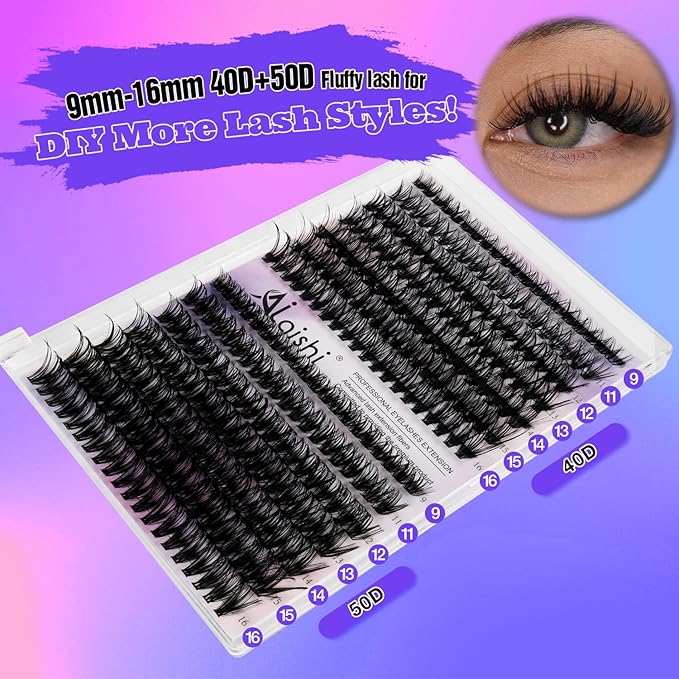 AILAISHI Lash Clusters Kit, DIY Cluster Eyelash Extensions 9‑16mm, 40D+50D, 280pcs Fluffy D Curl Natural Lashes with Bond & Seal,Remover,Tweezers,Brush–Fake Cat Eye Wispy Individual Clusters