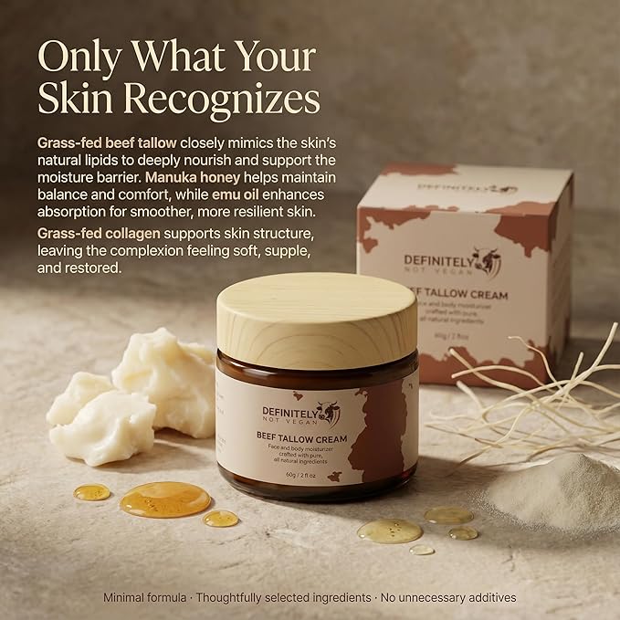PURETREX Beef Tallow Face & Body Cream with Collagen, Manuka Honey & Emu Oil, Grass Fed Tallow Moisturizer for Dry Skin, Anti Aging Natural Skin Care, Handmade, Non GMO (2 Oz, Unscented)