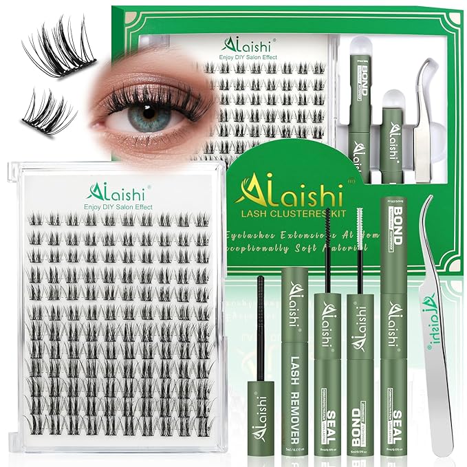 AILAISHI Lash Clusters Kit, DIY 3D Cluster Eyelash Extensions 10‑18mm,120pcs Fluffy D Curl Soft Natural Lashes with Bond and Seal,Remover,Tweezers,–Fake Cat Eye Wispy Individual Clusters MIX1-2-L