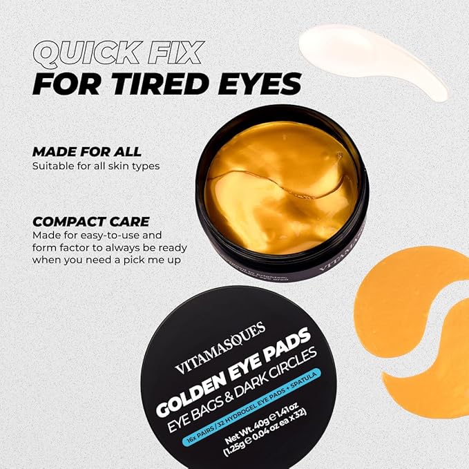 Vitamasques Golden Hydrogel Eye Pads For Puffy Eyes & Dark Circles – Refresh in 15 minutes - Formulated in Korea - 32 Pairs / 64 HydroGel Eye Pads