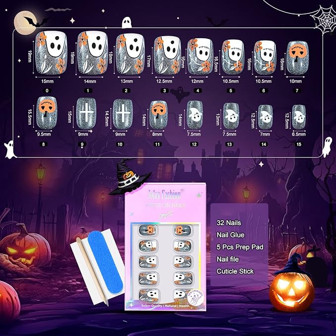 Halloween Press On Nails - Pumpkin Specter, Gray Cat Eye Halloween Nails, Acrylic Short Square Glue On Nails with Nail Glue, Fit Perfectly & Natural Stick On Nails in 16 Sizes - 32PCS Soft Gel Kit
