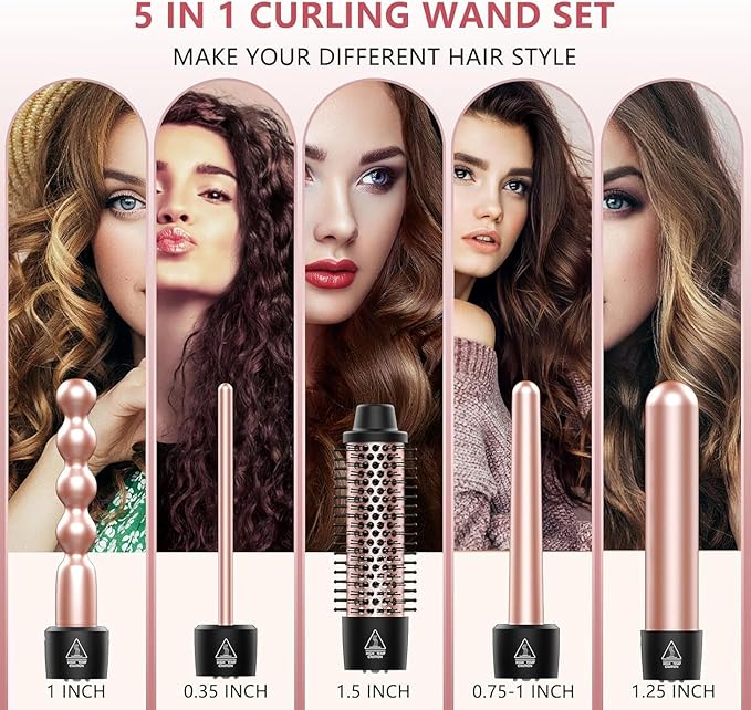 O'bella 5 in 1 Wand Curling Iron Set,Curling Iron Set with Thermal Brush&4 Interchangeable Ceramic Curling Wand(0.35”-1.25”), Instant Heat Up, Dual Voltage Hair Curler, Gifts for Women Gold