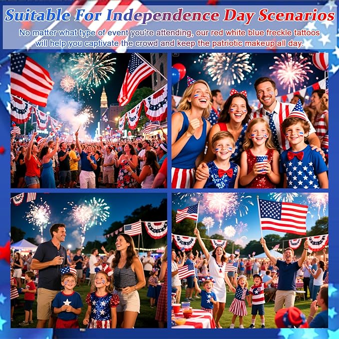 Boko 10Pcs Patriotic Temporary Tattoos, Red White Blue Independence Day Freckle Tattoos for Freckle Makeup, Waterproof Fake Freckles Makeup Patches for 4th of July Memorial Day Veterans Day Flag Party
