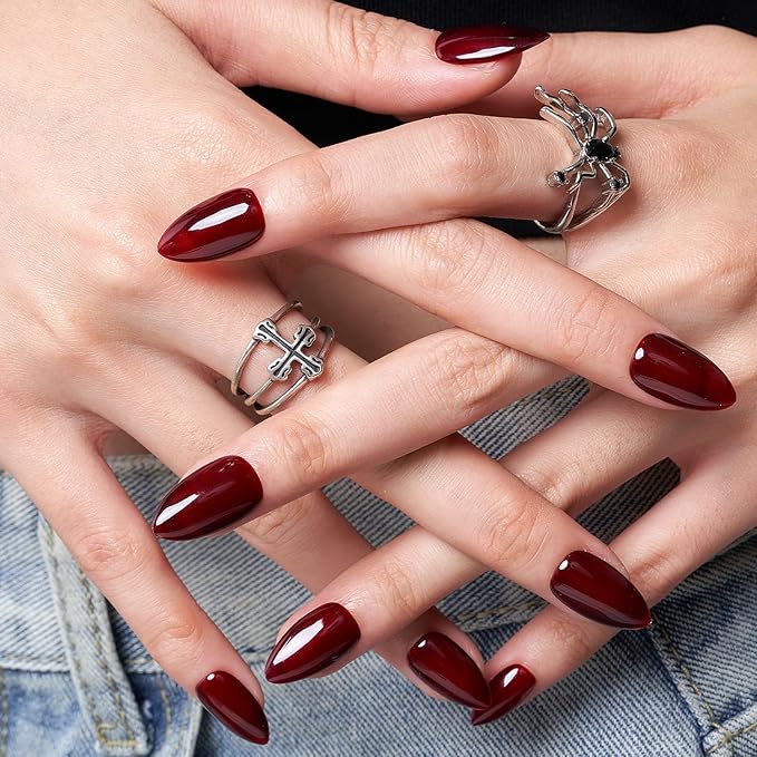 GLAMERMAID Dark Red Press On Nails Short Almond, Valentines Blood Deep Red Handmade Soft Jelly Gel Fake Nails Burgundy, Round Oval Stick Glue on Nails Kit for Women Girl Gift, Reusable False Nail Set