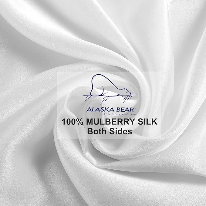 ALASKA BEAR Silk Pillowcases 2 Pack 22 Momme Mulberry Silk Pillow Cases, Queen Size(Set of Two, Cool White)