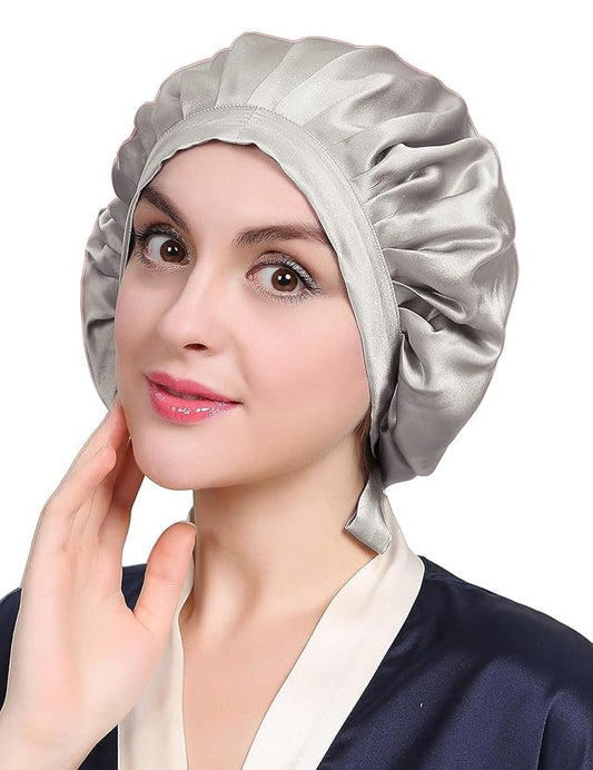 LilySilk 100% Mulberry Silk Bonnet, Silk Night Sleep Cap Adjustable Hair Wrap for Sleeping, Silvergray
