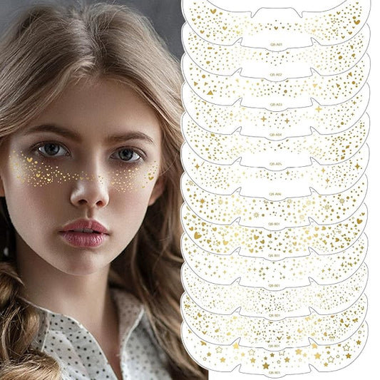 AIBEE Glitter Freckles, 12PCS Temporary Tattoos Fake Freckles Gold Body Face Glitter Sparkle Freckles Makeup Patches Rave Festival Party Accessories for Women Girls