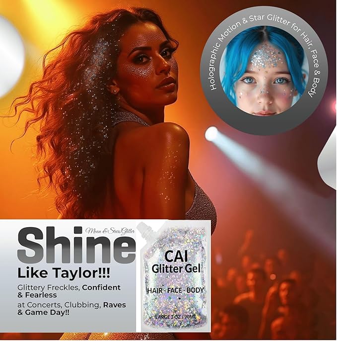 Face, Body & Hair Glitter Gel – Halloween Glitter for Kids and Women – 3 Oz Cosmetic-Grade Gel w/Moon & Stars for Festivals & Halloween Party, Easy Apply & Wash Off - Silver 1Pack