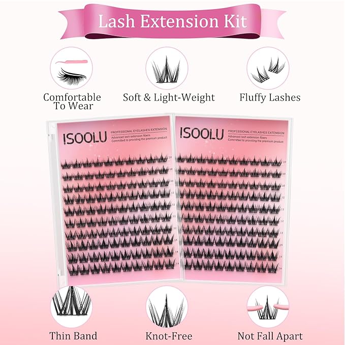 ISOOLU Fairy Lash Clusters Manga Individual Lashes C Curl Wispy Eyelash Clusters WideSpan Eyelash Extension Kit with Lash Bond and Seal Wet-Look Spiky Cluster Lashes (Cutey KIT 240)
