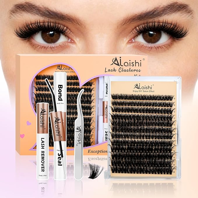 AILAISHI Lash Clusters Kit, DIY Cluster Eyelash Extensions 10‑20mm, 80D, 240pcs Fluffy D Curl Natural Lashes with Bond & Seal,Remover,Tweezers – Fake Cat Eye Individual Clusters