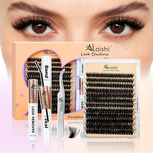 AILAISHI Lash Clusters Kit, DIY Cluster Eyelash Extensions 10‑20mm, 80D, 240pcs Fluffy D Curl Natural Lashes with Bond & Seal,Remover,Tweezers – Fake Cat Eye Individual Clusters