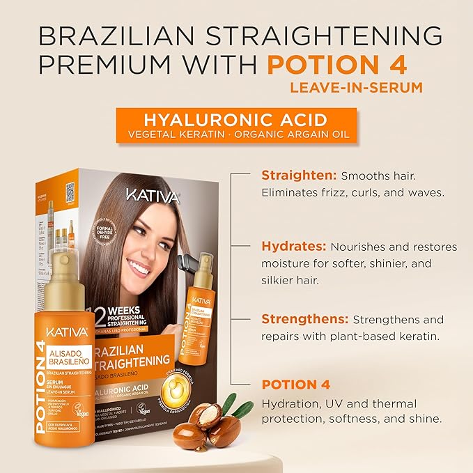 KATIVA Brazilian Keratin Straightening Kit, Shampoo Mask Conditioner + Potion 4 Heat Protectant Serum, Formaldehyde-Free Smoothing, Frizz Control, Hyaluronic Acid, Argan Oil, Vegan, Up to 12 Weeks