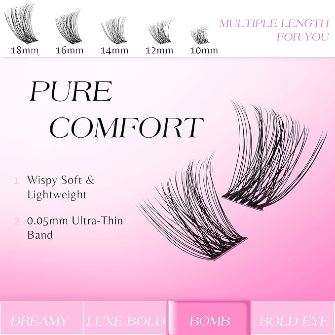 VEYESBEAUTY Lash Clusters Individual Eyelash Extensions Thin & Invisible Band DIY False Eyelashes for Self-application Newbie's Five-Second Series Wispy Lash Tray, Bomb 10mm Single Length