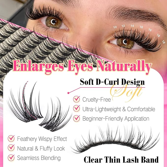 Wispy Lash Clusters Kit Natural Look Eyelash Cluster Eyelash Extensions Short Eye Lashes Natural Looking with Lash Brush DIY Lash Extension Kit Individual Lashes Kit For Beginners (No Glue)