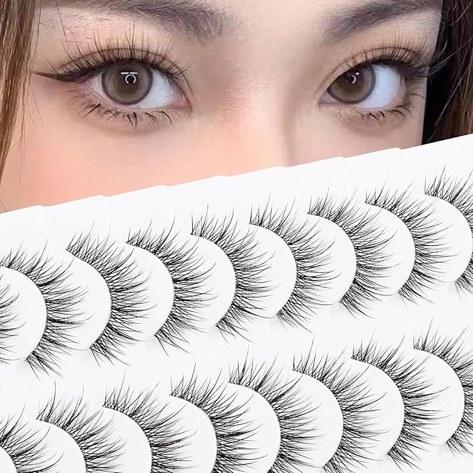 outopen 10 Pairs Manga Lashes Natural Look Clear Band Lashes Japanese Anime Eyelashes Asian Style False Eyelashes Wispy Thin Band False Lashes Korean Makeup Fake Eyelashes Fairy Lash Clusters
