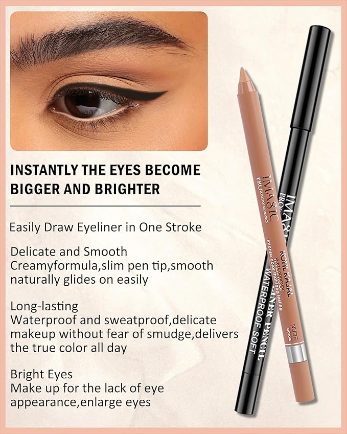 Nude Beige & Black Water Line Gel Eyeliner Pencil-2Pcs Waterproof Smudge-Proof Cream Eye Liner Waterline Pen, Smooth Easy-to-Sharpen Pencil with Sharpener, Longlasting Eye Makeup Gift for Older Women