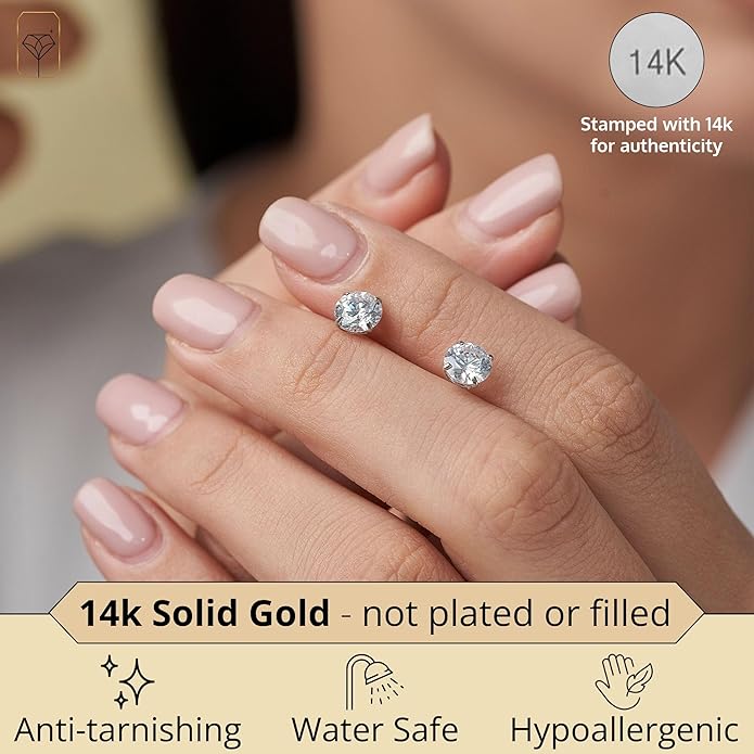 14k Gold Solitaire Round Cubic Zirconia Earrings Studs for Women & Men | Anti Tarnishing CZ Stud Earrings with 14k Gold Butterfly Pushbacks | 4MM-7.5MM by MAX + STONE