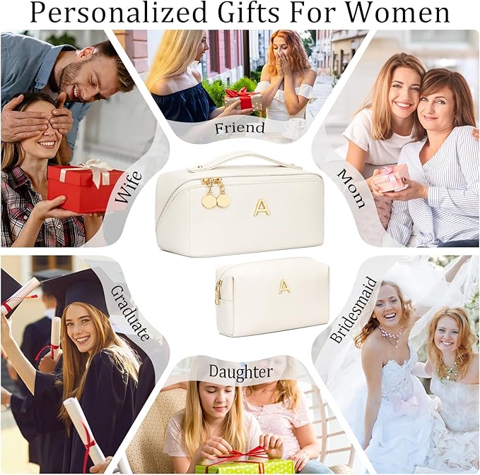Valentines Day Gifts for Women Teen Girl, Personalized Initial Makeup Organizer Bag Set, Open Flat Travel Cosmetic Bag With Clear Divider and Handle(Large-Beige,A)