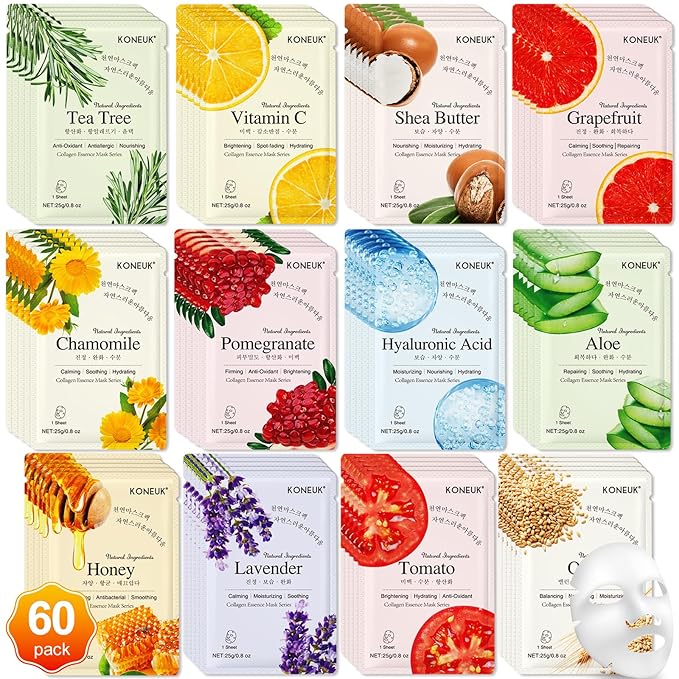 KONEUK 60 Pack Collagen Essence Face Masks Skincare for Women, Hydrating Sheet Face Masks Suitable for Dry and Sensitive Skin, Bulk Facial Masks for Women Skin Care, Face Mask Gifts Set for Spa Party
