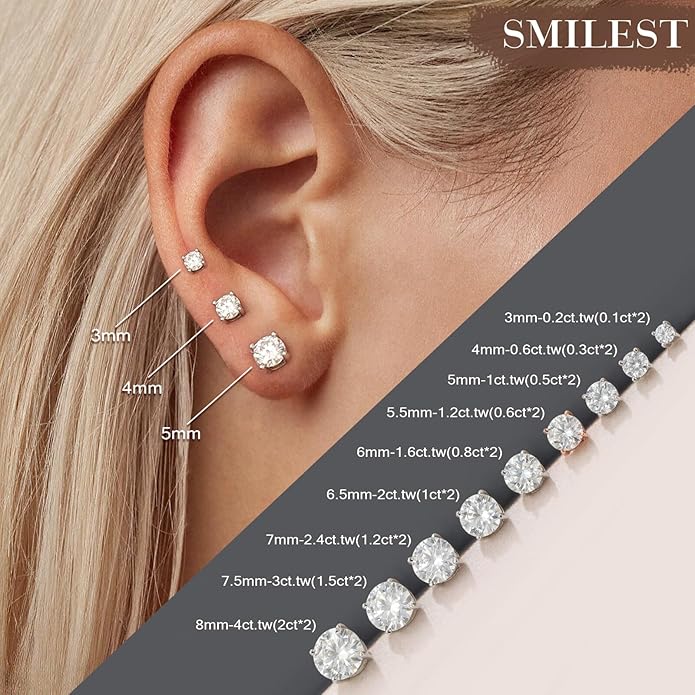 SMILEST 0.2-4ct Moissanite Screw Back Earrings, D Color VVS1 Clarity Lab Created Moissanite 14K White Yellow Rose Gold Ruthenium Vermeil 925 Sterling Silver Moissanite Earrings for Women Men Jewelry Gifts