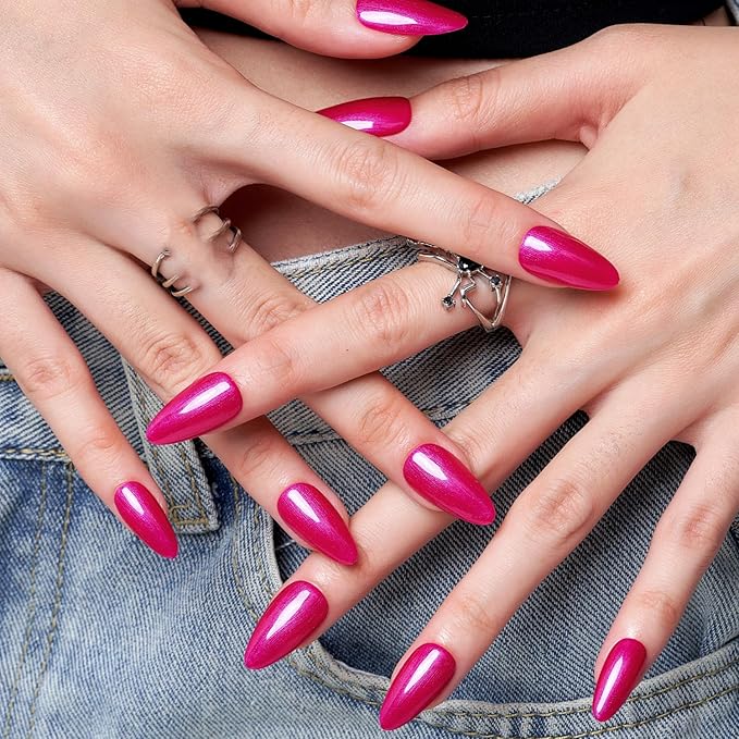 GLAMERMAID Hot Pink Press on Nails Medium Almond, Handmade Pearl Pink Red Neutral Jelly Sofy Gel Glue on Nail Stiletto, Glossy Fake Nails Short Oval，Reusable Acrylic Stick on False Nail Kits for Women