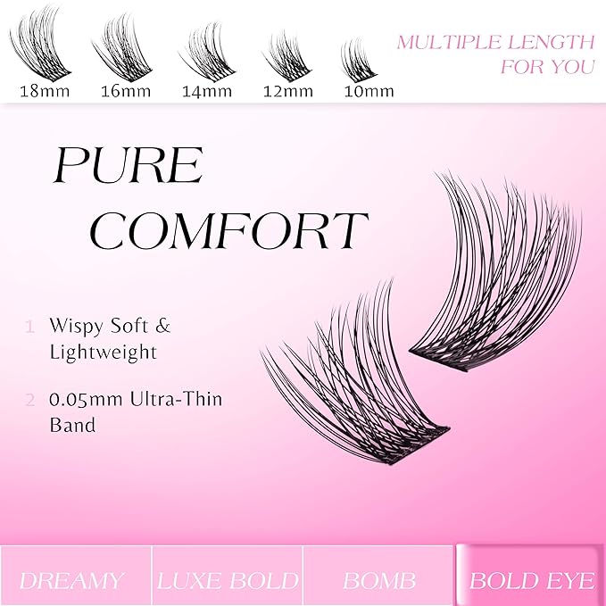 VEYESBEAUTY Lash Clusters Individual Eyelash Extensions Thin & Invisible Band DIY False Eyelashes for Self-application Newbie's Five-Second Series Wispy Lash Tray, Boldeye 14mm Single Length