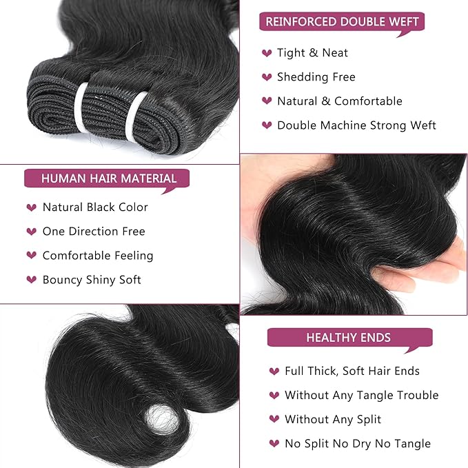16A Raw Human Hair Bundles 16 16 18 18 Inch Body Wave Bundles Human Hair, 100% Unprocessed Brazilian Virgin Hair, Keep Texture Silky Soft After Multiple Washes, Triple Lifespan (4Bundles/200g)