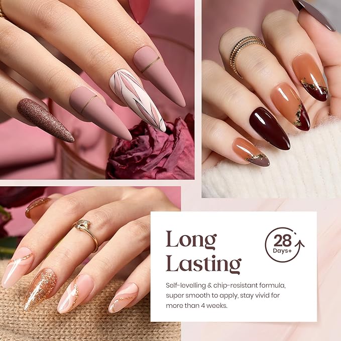 Beetles Gel Nail Polish Set, 23Pcs Brown Burgundy Red Nude Pink Gel Polish Set with Base Top Coat Verse of Roses Kit, Soak off Uv Gel Golden Glitter Holiday Nail for Women