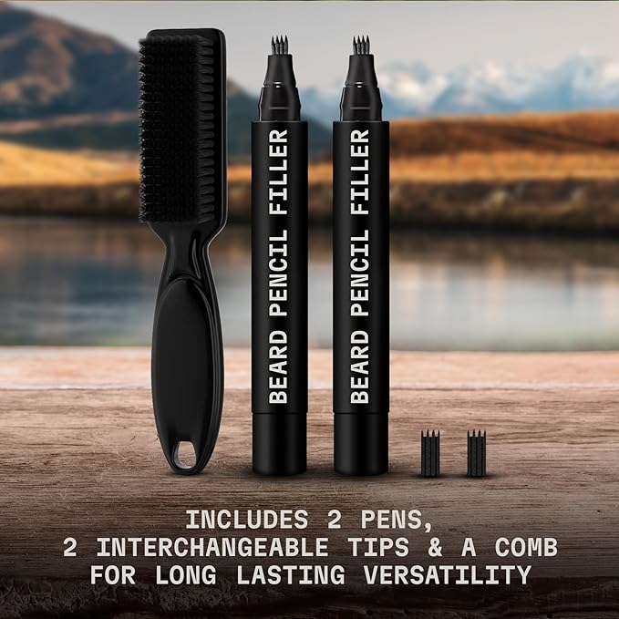 Striking Viking Beard Pencil Filler - Jet Black, 2-Pack with Soft Bristle Brush - Barber Pencil Tip for Gap Repair - Realistic Hair Strokes with Beard Pen - Waterproof All-Day Wear with Pen Filler