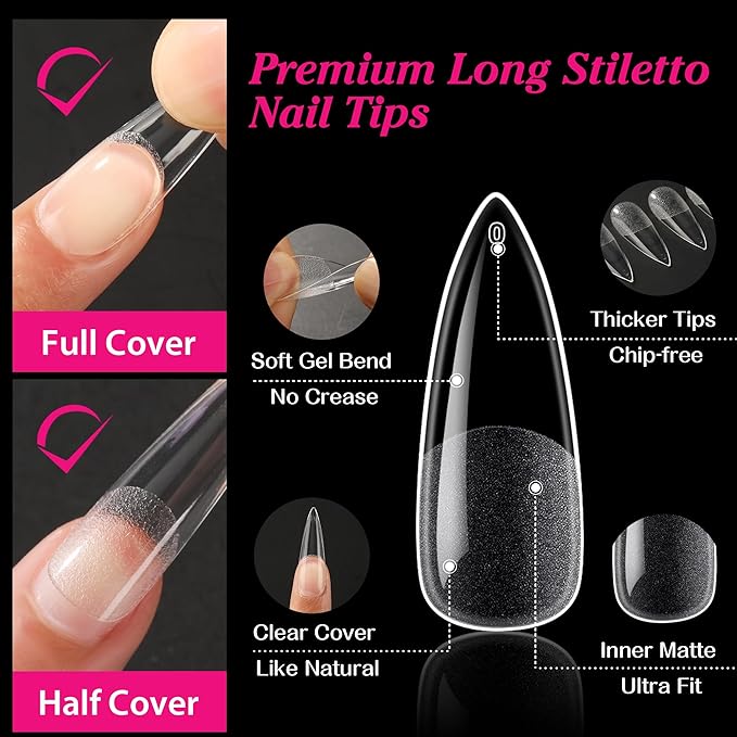 UNA GELLA Long Stiletto Gel Nail Tips Full Cover 504PCS Pre-shape Long Stiletto Almond Fake Clear Nails Tips No Need File Gel Tip No C Curve for Nail Extension DIY Art Salon 12 Sizes