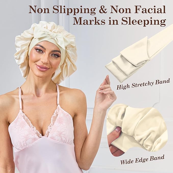 Silk Satin Bonnet for Sleeping Hair: Women Sleep Night Wrap Cap for Straight Wavy Curly Coily Kinky Natural Hair Head by Tie Band - Creamy Yellow Double Side