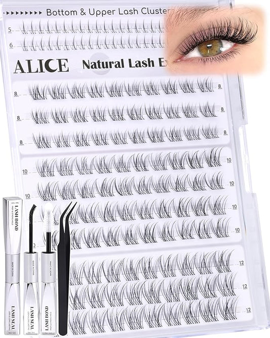 ALICE Short Lash Clusters Kit 8mm-10mm-12mm Natural Clear Band Cluster Eyelash Extension Kit Wispy Eyelash Clusters Kit with Bottom Lashes Bond and Seal DIY at Home