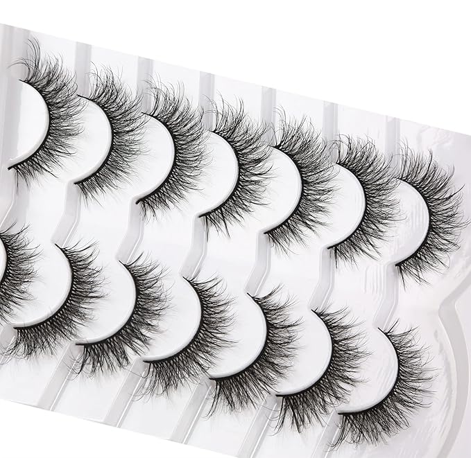 Pooplunch False Eyelashes Wispy Lashes Cat Eye Volume 8D Natural Fluttery Fake Eyelashes Faux Mink Lashes Strips 7 Pairs Pack