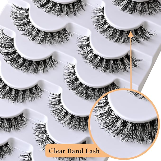 APCYUST Lashes Wispy False Eyelashes Natural Cat Eye Strip Lash Fluffy Fake Lashes Strips Clear Band Mink Eyelash Natural Look Cateye Demi Wispies Eye Lashes Pack 7 Pairs Short Full Pestañas Set