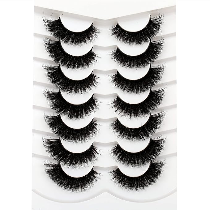 Pooplunch False Eyelashes Cat Eye Look 18MM Dramatic Volume Thick Wispy Long Faux Mink Lashes Fake Eyelash Strips 7 Pairs Pack