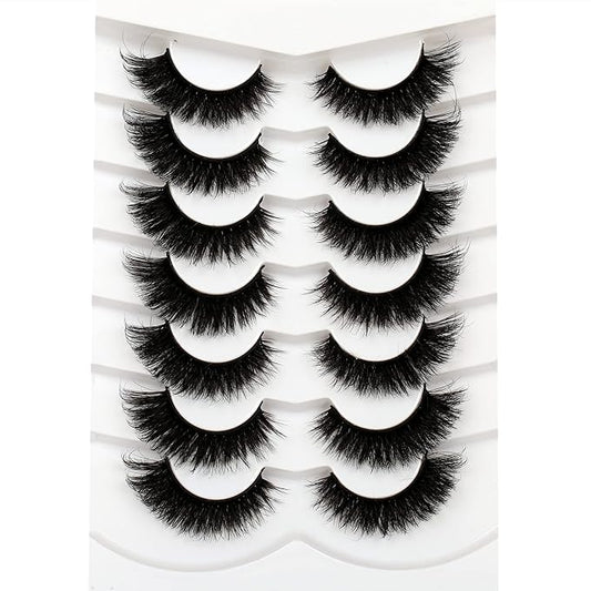 Pooplunch False Eyelashes Cat Eye Look 18MM Dramatic Volume Thick Wispy Long Faux Mink Lashes Fake Eyelash Strips 7 Pairs Pack
