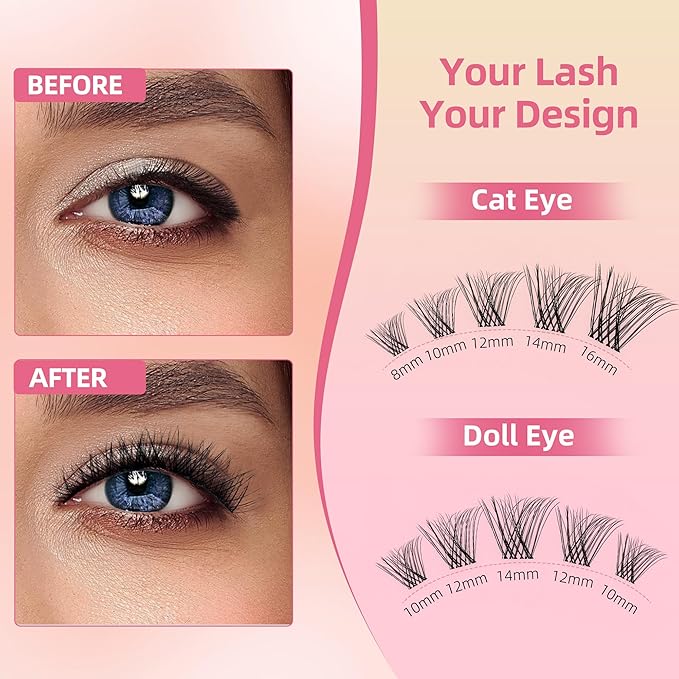 Natural Wispy Soft Lash Clusters with 0.05mm Invisible Band, C Curl 8-16mm, DIY Salon Effect Lightweight Lash Extensions, FayJoo AIRY 11 Lash Only