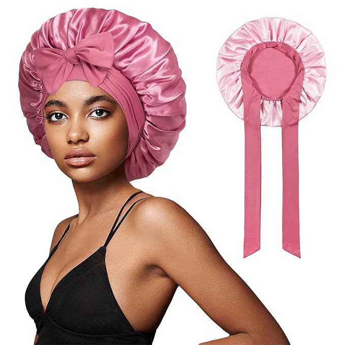 vidsel Bonnet with Tie Band, Hair Care Satin Silk Bonnet for Sleeping Women, Silky Sleep Bonnets for Women, Reversible Double Layer Sleep Cap for Curly Hair Braids