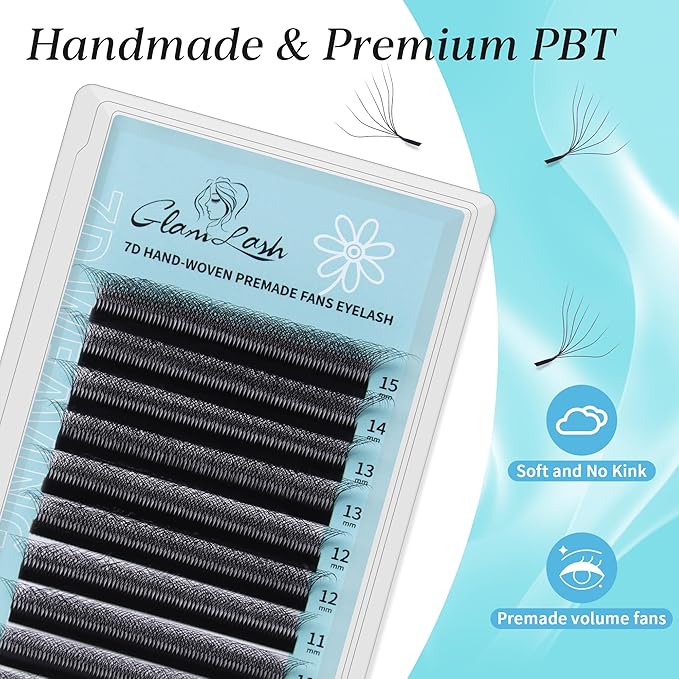GLAMLASH W Eyelash Extensions 7D Russian Volume Premade Fan Natural Soft Matte Black False Lashes Professional Salon Supplies(7D,0.07,D,9mm)