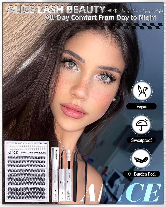 Flaunt Lash Clusters Kit Natural Wispy Lash Extension Kit Short 10mm-12mm-14mm Cluster Eyelash Extension Kit Individual Lashes Kit with Bottom Lashes Bond and Seal by ALICE