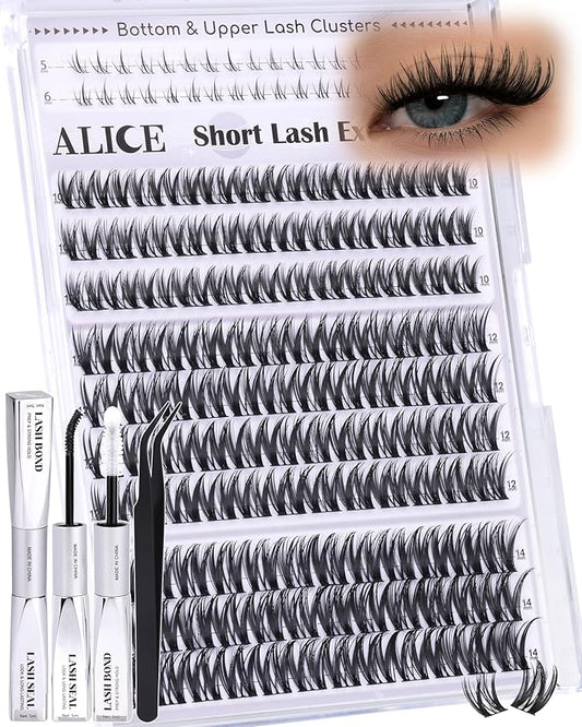 Flaunt Lash Clusters Kit Natural Wispy Lash Extension Kit Short 10mm-12mm-14mm Cluster Eyelash Extension Kit Individual Lashes Kit with Bottom Lashes Bond and Seal by ALICE